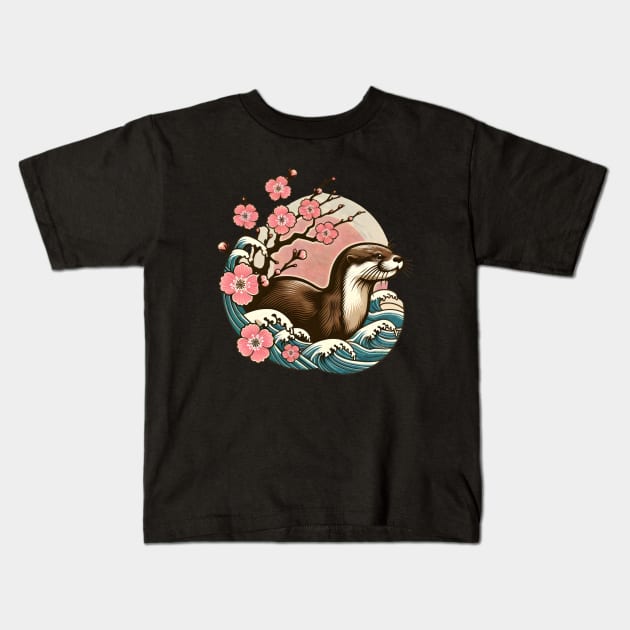 Aquatic Animal Vintage Sunset Art Floral Japanese Otter Kids T-Shirt by Willie Biz Merch